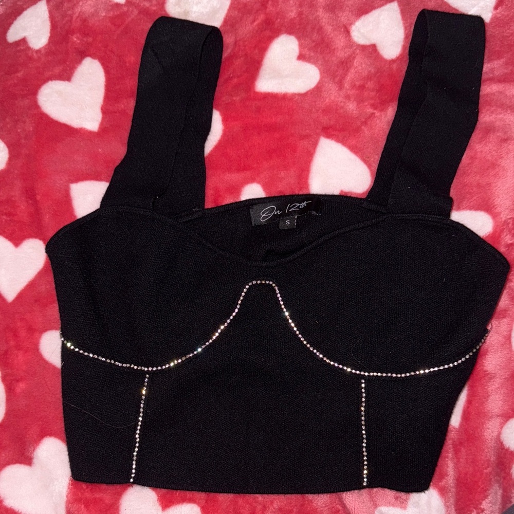 Elegant Black Rhinestone Crop Top